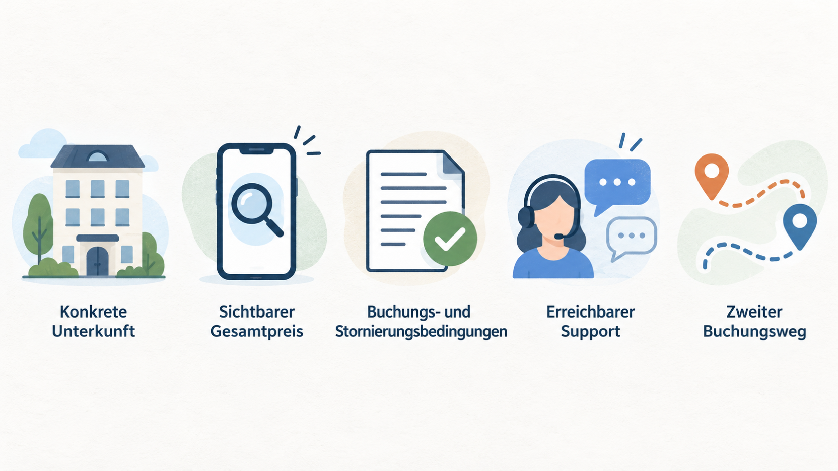 One row of five icons labeled “konkrete Unterkunft”, “sichtbarer Gesamtpreis”, “Buchungs- und Stornierungsbedingungen”, “erreichbarer Support”, and “zweiter Buchungsweg”.