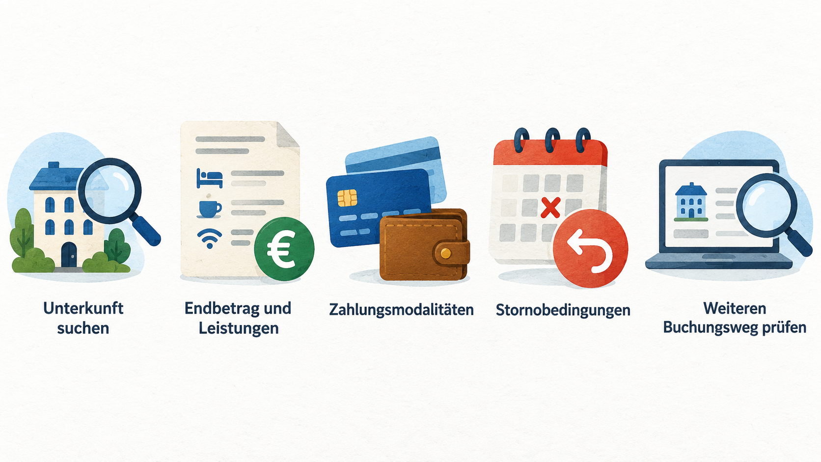 Zeigt als nummerierte Checkliste die im Abschnitt genannten Schritte und Prüfpunkte vor dem Buchungsabschluss: Unterkunft suchen, dieselbe Reise über einen weiteren Buchungsweg