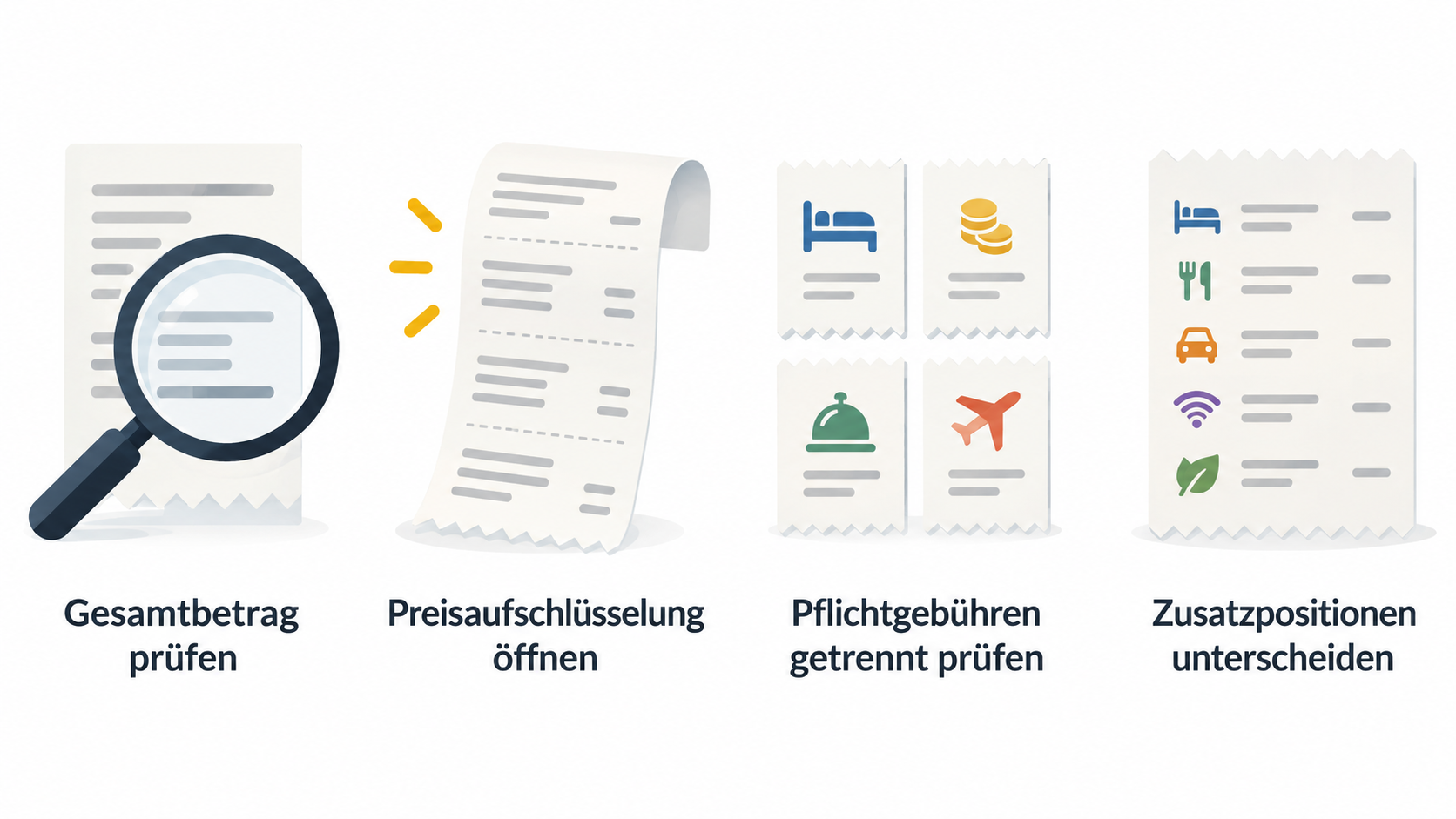 Eine nummerierte Checkliste mit fünf Punkten zeigt die im Abschnitt genannten Prüfungen für Gesamtpreis und Pflichtgebühren: Preisaufschlüsselung öffnen, Kostenpositionen prüfen,