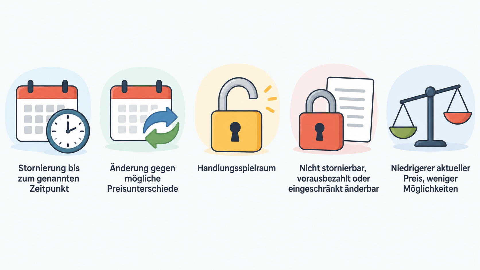 Eine fünfteilige nummerierte Checkliste fasst die im Abschnitt genannten Fragen vor der Tarifwahl zusammen: Gesamtkosten, Frist, Folgen von Änderung oder Nichterscheinen,