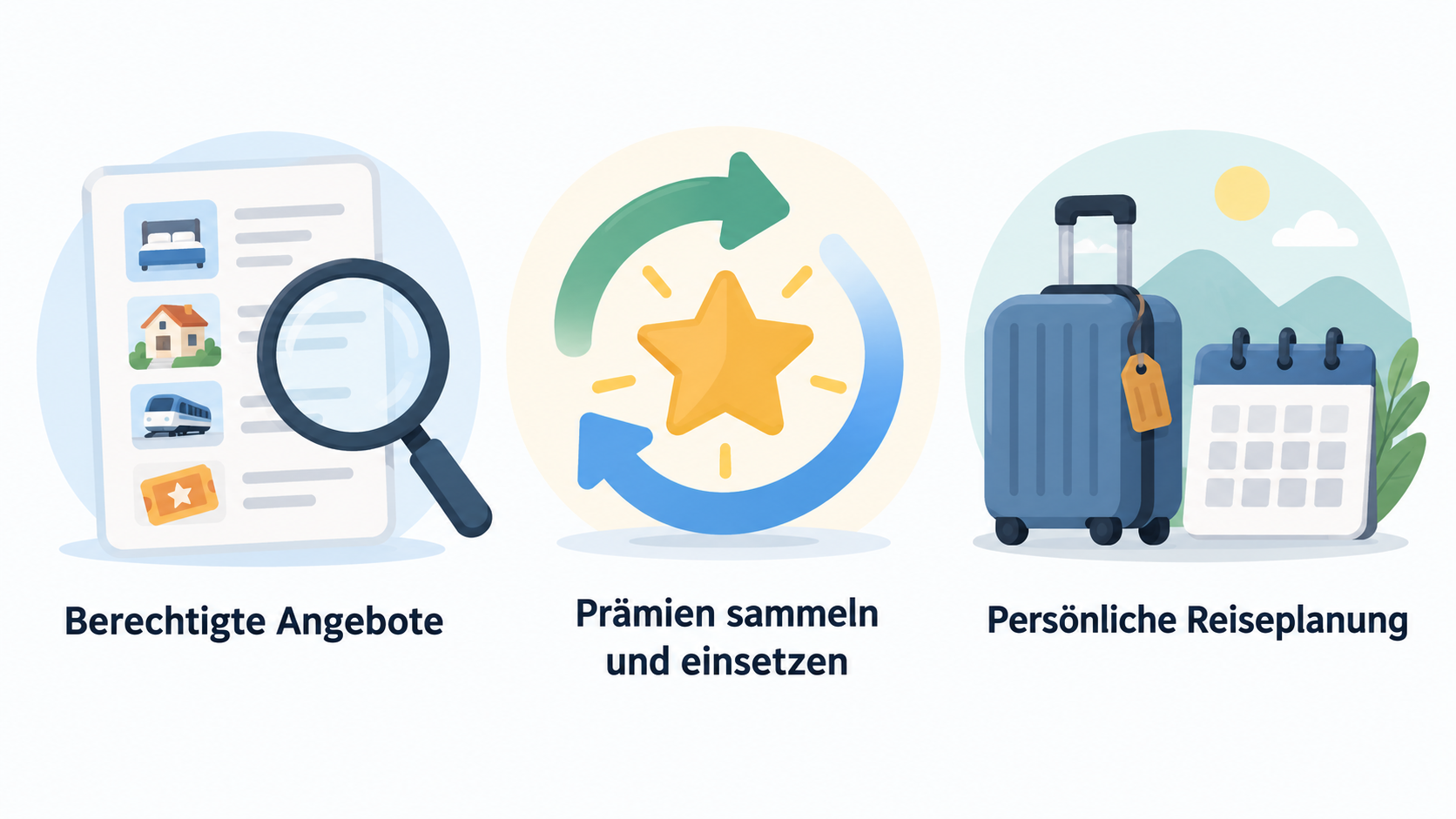 Eine einzelne Reihe aus vier Icons mit den Labels „Hotels“, „Ferienunterkünfte“, „Transport“ und „Aktivitäten“ zeigt die genannten Reisebereiche, in denen eine konkrete Buchung auf