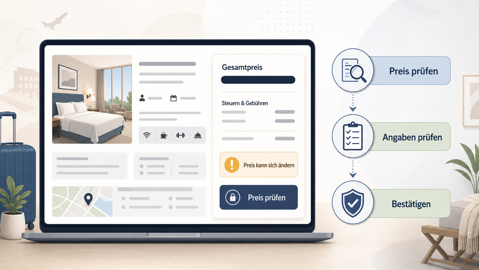 Redaktionelle Illustration zu Hotels günstiger buchen: Timing, Flexibilität und Tarifbedingungen richtig einordnen
